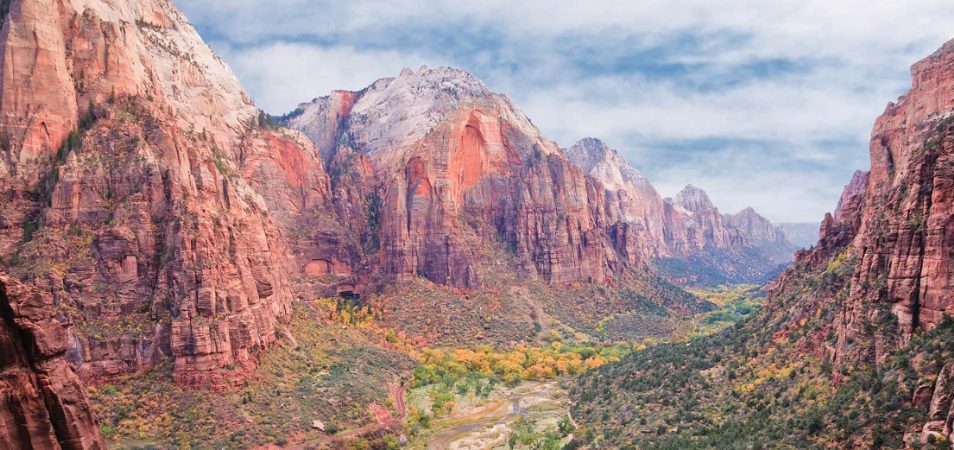 Bird's-eye-view of the red rock mountains and canyons in Zion National Park near Las Vegas, Nevada.