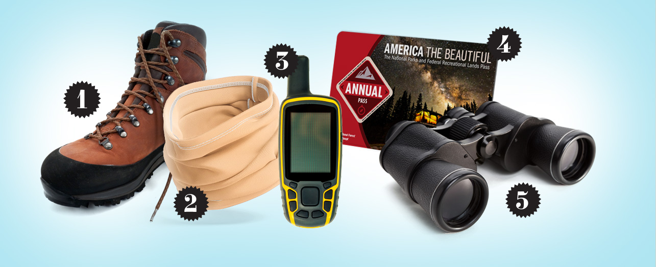 Five gift items on a light blue background: a brown hiking boot, tan neckwear buff, black and yellow satellite communicator, National Parks Annual Pass, and black binoculars.