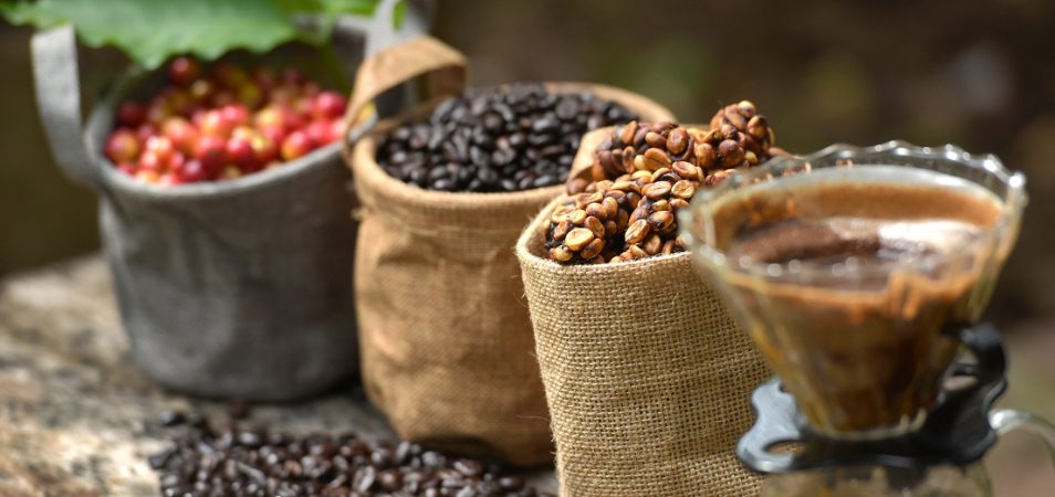 Bags of coffee beans sit next to coffee being brewed in a pour-over system, showing the stages of how coffee is made.